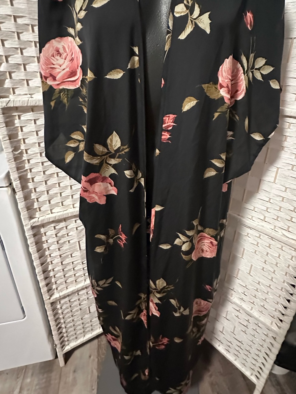 Black Floral Duster with Pink Rose Print